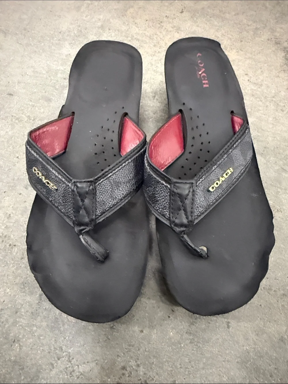 Coach Black Flip-Flop Sandals with Red Lining and Gold Logo